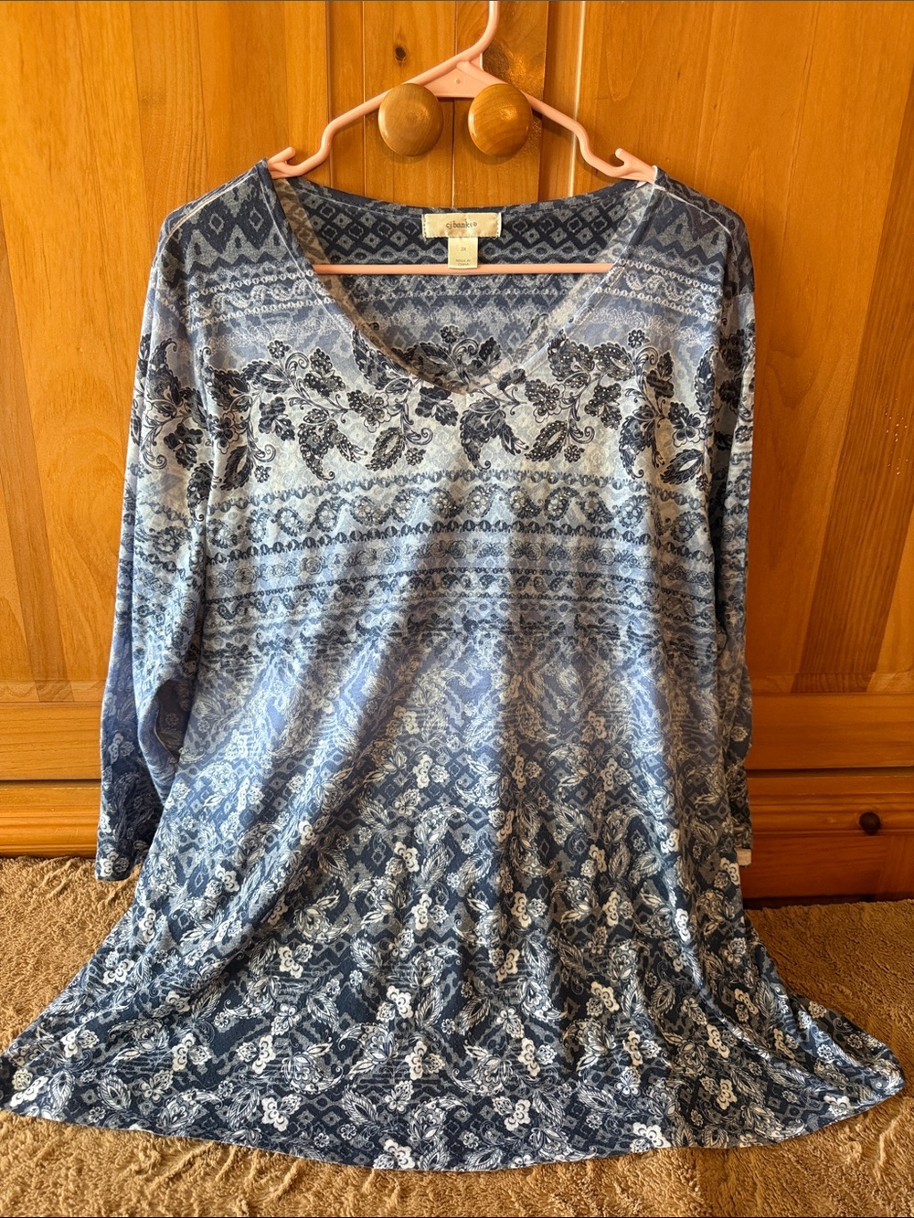CJ Banks Blue and White Printed V-Neck Long Sleeve Top Plus size 3X